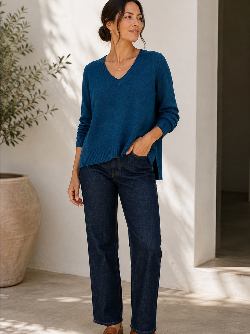 Eileen Fisher Teal Yak Merino Wool Hi Low V-Neck Sweater Sz Medium